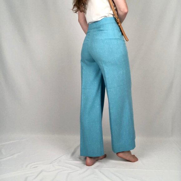 Vintage 70s Linen High Rise Flare Wide Leg Belted Bell Botton Blue Trouser Pants - Picture 4 of 8